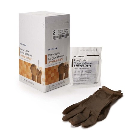 Mckesson Perry, Disposable Gloves, 5.5 mil Palm, Latex, Powder-Free, 8, 50 PK, Brown 20-1380N